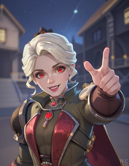 score_9,score_8_up, score_7_up, high-res, 2k, best quality, 2.5d, 1girl,  vampire hunter brig, brigitte (overwatch), short hair, at night, castle   <lora:Vampire_brig_pony-000043:1> Enchanting Smile: Smile genuinely showing a hint of dimples and let your eyes sparkle with delight. This pose radiates warmth and attractiveness.