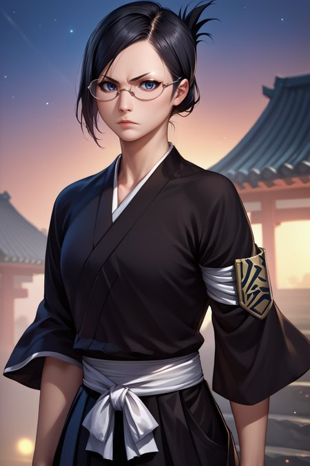 score_9, score_8_up, score_7_up, score_6_up, source_anime, BREAK 1girl, solo, <lora:isenanao-pdxl-nvwls-v1-000006:1> ise nanao, folded ponytail, glasses, black robes, sash, black skirt, hakama skirt, armband, realistic, looking at you, serious, night sky