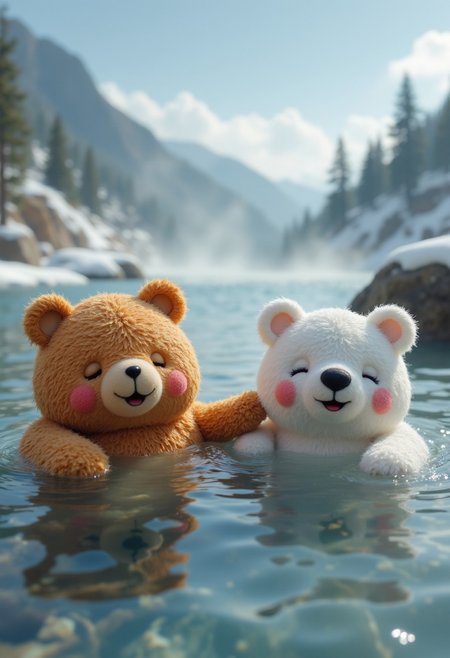 Lots of little cute bear dolls, brown bear, white bear, soaking in a big river, river deep in the mountains, hot spring, winter, snow falling, open air bath, neck-deep in hot water, eyes closed, smiling, smiling, mouth open, relaxed, childlike atmosphere, clay model Image, mountain top, steam, red cheeks, large amount of steam from river, wide angle, bird's eye view,
aidmafluxpro1.1