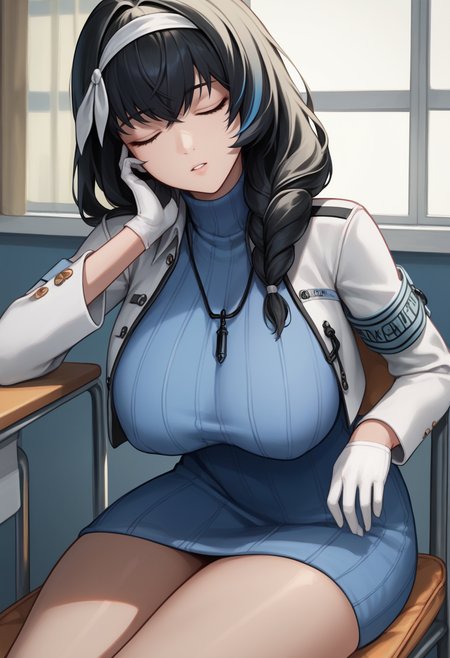 score_9, score_8_up, score_7_up, source_anime BREAK 1girl, solo, <lora:mary-nikke-richy-v1_pdxl:1> marydef, closed eyes, black hair, long hair, bangs, hair over shoulder, braid, streaked hair, blue hair, white hairband, blue sweater, turtleneck sweater, ribbed sweater, sweater dress, white jacket, long sleeves, crop jacket, armband, necklace, single glove, white gloves, large breasts, sitting, chair, indoors, hospital, sleeping, parted lips, covered nipples, head tilt, thighs, leaning forward