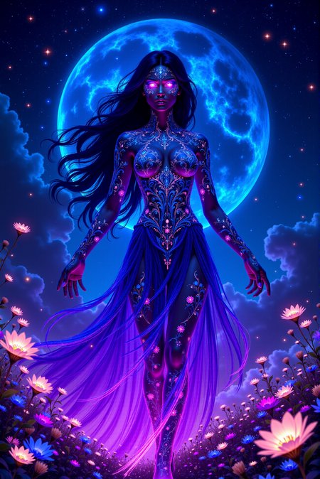 <lora:DGLO_style_v.81:0.75> DGLO style.  This is a vibrant, fantastical digital artwork in a style reminiscent of fantasy and sci-fi art. The central figure is a woman with an ethereal, glowing presence, standing amidst a surreal, starry night sky. Her skin is adorned with intricate, glowing blue and purple patterns that resemble cosmic energy, giving her an otherworldly appearance. She has long, flowing black hair that seems to be made of the same glowing material as her body, cascading down her back.  Her body is covered in a flowing, shimmering dress that transitions from dark blue at the top to a vibrant, pulsing purple at the bottom, creating a mesmerizing gradient effect. The dress has intricate, glowing floral and geometric patterns that blend seamlessly into her skin. She stands on a bed of glowing, luminescent flowers and small, glowing orbs, which add to the magical ambiance.  The background features a deep, dark blue sky filled with swirling clouds and stars. There are numerous glowing flowers, dandelions, and small, glowing orbs scattered throughout the foreground and background, contributing to the ethereal, dreamlike atmosphere. Her eyes are glowing with an intense, radiant light, enhancing her divine, celestial aura.