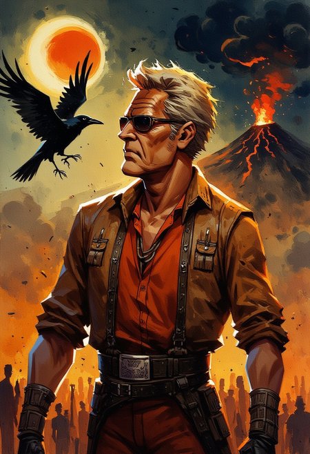 Mexican theme,  man look like Charles Bronson, dressed as a mexican cowboy with sun glasses and old face, he is looking at side seeing a moon and sun eclipse. Behind him You can see a raven flying freely and happy, You can SEE to a volcano erupting thunders and music waves in a electric
 atmosphere.
Text: "Rey trueno"