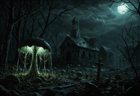 score_9, score_8_up, score_7_up, score_6_up
A dark, foreboding graveyard at night, with crumbling headstones and weathered mausoleums dotting the landscape. Glowing, bioluminescent mushrooms sprout from the ground, casting an eerie light over the graves. Their caps are a deep, blood-red color, and their stems pulse with an otherworldly energy. The air is heavy with the scent of damp earth and decay, and the atmosphere is thick with malevolent presence." "Lighting is dim, with only the mushrooms' glow providing any illumination. Shadows writhe across the ground, like restless spirits trying to break free." "Textures: rough stone, damp earth, and slimy fungus. Color palette: muted, with an emphasis on dark reds, blacks, and purples to create a sense of foreboding.
(((extremely detailed, dark dramatic shadows, creepy, eerie glow, night))), <lora:add-detail-xl:2>