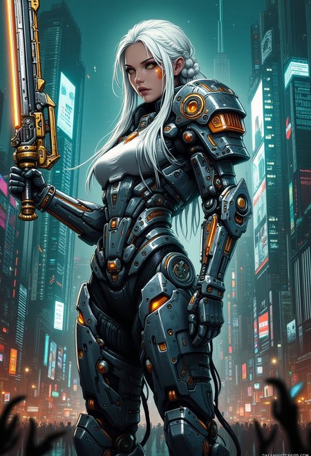 mad-cbrpnksplshrt full of details but with faded outlines, white braided hair cyborg girl soldier in combat armor with one robotic arm and one robotic leg holding a chainsword with glowing energy panels, and in the background new york city disintegrating into the matrix behind, best quality, sharp image,