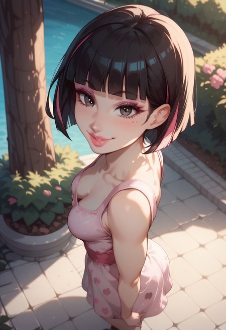 score_9, score_8_up, score_7_up, score_6_up, score_5_up, score_4_up, rckst style, atmospheric lighting, 1girl,Sarah, SarahRH, short black hair, bob cut, straight hair, blunt bangs, dyed bangs (pink), (pink) streaked hair, dark eyes, cute face, beautiful lips, medium breasts, curvy, large hips, pale skin, mole under her eye, moles on her body, makeup, pink lip gloss, smiling, closed lips, side view, standing up, posing, posing cute, outdoors, pink sundress, squared pattern sundress, trees, shadows, aesthetic, high angle view, looking at the viewer, face closeup, detailed eyes