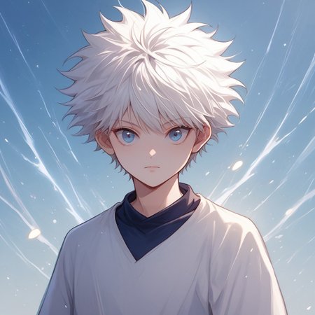 score_9, score_9_up, score_8_up, score_7_up, (Anime_source), highly detailed face, best quality, absurd size, Killua,white hair,blue eyes,short hair,spiked hair ,nice casual clothes, aura, particles, looking at viewer