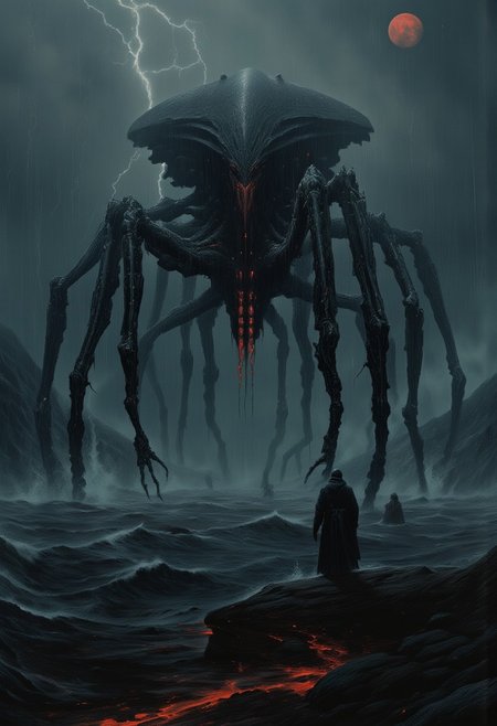 Imagine a colossal insectoid mecha emerging from the ocean under a stormy night sky. With multiple spider-like legs and a complex design, the machine rises through dark waters, casting intricate reflections in the rain-drenched waves. Fog drifts over the scene as lightning cuts through the sky, illuminating the dramatic, dieselpunk-inspired contours of its ominous silhouette. The contrasting colors highlight the menacing presence of this sinister machine, capturing the essence of sci-fi dread and tension against a turbulent, oceanic backdrop.contrast sky,red moon,lightning,total terror, best quality,masterpiece, detailed, UHD, lots of fine detail,award-winning,vibrant,saturated,colorful,realistic reflections,from above,illustration,concept art,cinematic,futuristic,visionary,surreal,grimdark,disturbing,gigerpunk,((close-up)),hdr,Jakub rozalski,Simon Stålenhag
Piotr Jabłoński
Greg Rutkowski
Guillermo del toro
Ridley Scott
 H.R.Giger