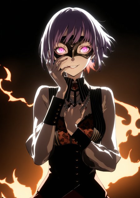 masterpiece, best quality, absurdres, very authentic, 1girl, solo, YuutenjiNyamu, amoris eye mask, amoris costume, hand on own face, earrings, simple background, dynamic, glowing eyes, looking at viewer, evil smile, flame effect, burning, soejima shigenori, intense, filmic, floating hair, 
<lora:YTJNM-anxl31:0.6>, <lora:persona_style_xl_c:0.6>,