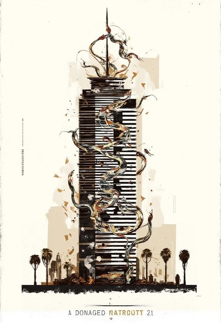 By Martin French. A digital illustration of a building with a sn4k3 design. the background is a simple, abstract design with beige and white colors.