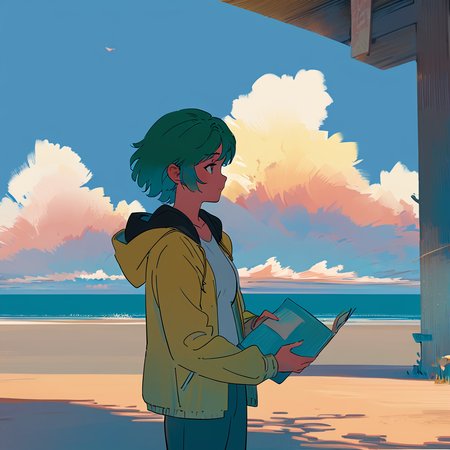 masterpiece, best quality,  <lora:style44-xl-a31:1>,cloud, solo, 1girl, sky, short hair, outdoors, holding, hood, cloudy sky, wind, jacket, shirt, yellow jacket, hood down, scenery, green hair, long sleeves, book, blue sky, profile, hooded jacket, day, holding book, open clothes, pants, aqua hair, water, hoodie, standing