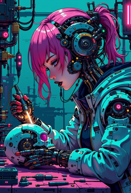 <lora:ck-nc-pastel-cyberpunk:1>, A digital artwork in the style of cknc, A half-body shot of a beautiful cyborg girl in her futuristic workshop. She has neon pink hair cascading down her shoulders, contrasting sharply with her black lipstick. The top of her face, from under the nose to the forehead, is removed like a mask, revealing a detailed mechanical skull underneath. With intense focus, she uses a glowing soldering iron to carefully repair the cracks on a detached skull, which rests in her other hand. Her exposed robotic eye glows a brilliant blue, illuminating the intricate cybernetic components beneath the skull. The workshop is cluttered with futuristic tools, wires, and neon-lit gadgets, all bathed in vibrant cyberpunk hue, electric pinks, deep blues, and fluorescent greens. The neon light reflects off her sleek metallic parts, casting dynamic shadows, while the scene radiates a blend of gritty industrial and high-tech futurism. The art style is highly detailed, in the vein of futurist anime, capturing the beauty of the cyborg girl and the mechanical complexity of her exposed skull.