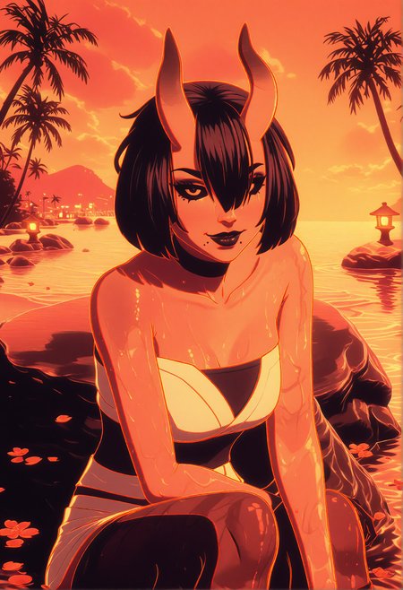 GLSHS,delicate colors,partially illuminated, (masterpiece, absurdres, very awa:1.4), golden hour, orange theme, sunset, beach, rocks, beach ball, sand, palm tree, smug, looking at viewer, fortnitenightrose, 1girl, black hair, short hair, bob cut, bangs, hair between eyes, hair over one eye, asymmetrical horns, oni horns, skin-covered horns, black eyes, black sclera, sclera, closed mouth, mole, mole under mouth, black lips, lipstick, makeup, natural hot spring, sitting on rock with legs dipped in water, wet skin, towel draped around body, cleavage, steam, gentle ripples in water, warm lantern glow, flower petals floating on water, <lora:GLSHS-IL:1.2>,  <lora:Fortnite_The_Night_Rose_All_Outfits_ILXL:0.8>, <lora:dmd2_sdxl_4step_lora:1>