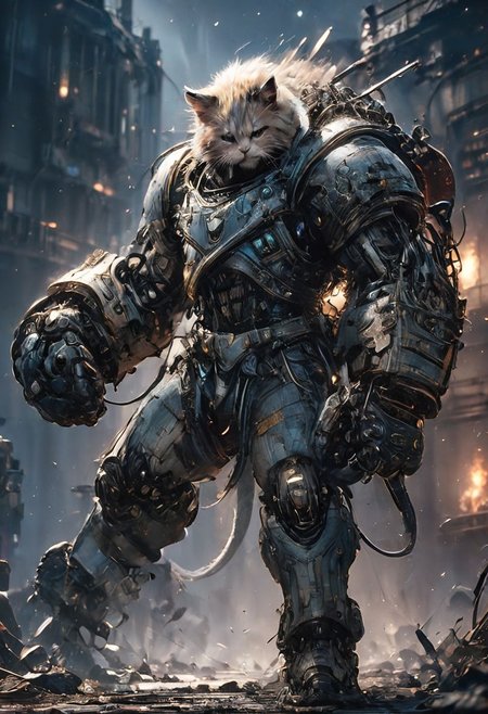 amazing quality, masterpiece, best quality, hyper detailed, ultra detailed, UHD, HDR, wide-angle lens, futuristic,
(a fighting Dzungarian hamster in an adventurer's hat and robot cat:1.3), 
(an action shot of a knight fighting a giant fantasy robot cat devil:1.2),
evil cat, glowing eyes, cat has yellow suit, roaring cat, (cat extremely angry:1.2), cat far away,(cat opened mouth:1.2), cat has fangs, (fiercely cat:1.3), (punching:1.3),
(knight holding glowing sword:1.4),
(late in night:1.2), ( fire in the background:1.2),doomsday war, doomsday sky,
<lora:XL_boss_battle:1.0>, Bosstyle,
<lora:cfc-giant-mechanical-arms:0.6>, giant mechanical arms,
<lora:add-detail-xl:0.75>,
<lora:angry:1.1> angry,  
<lora:EnvyBetterHiresFixXL01:0.85>,
<lora:extremely_detailed:1.2> extremely detailed,
<lora:DonM3t3rn1tyXL-v1.1-000008:0.75>, DonM3t3rn1tyXL,