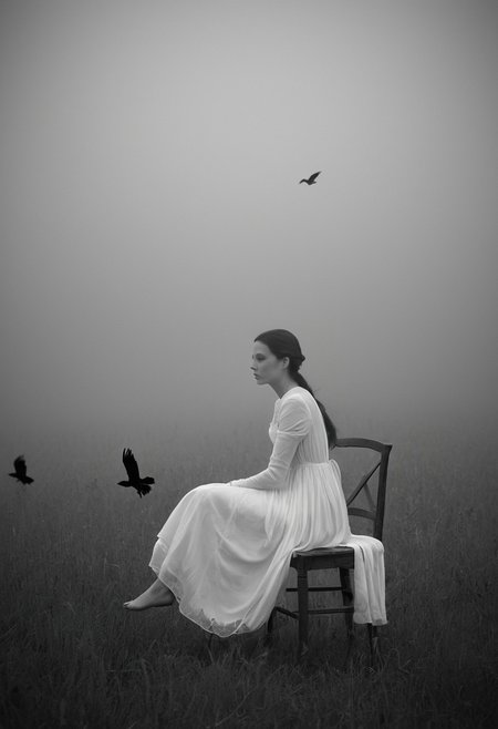 A surreal black and white photograph captures a woman in a flowing white dress seated on a wooden chair in the middle of a misty field. She faces away from the camera, her dark hair pulled back, while multiple ravens fly above her and one perches on the chair's back. The image is composed as a centered medium shot with natural backlighting creating silhouettes against the foggy background. The monochromatic treatment and shallow depth of field create a dreamlike, ethereal atmosphere.