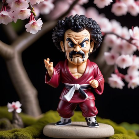 professional studio photo:1.4,50mm 1.4, a funko pop figurine,Mr. Satan man, solo, 1boy, male focus,close up,portrait,japanese temple,sakura blossom,soft lighting,<lora:mr_satan-000007:1>