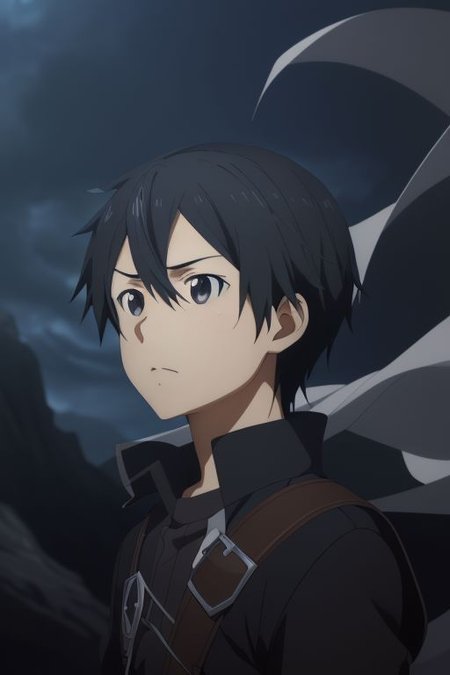 high resolution, solo, best quality, 1Boy, Kazuto Kirigaya, portraits, Black Hair, Black Eyes, existential longing, fantasy background, strong wind, OverallDetail