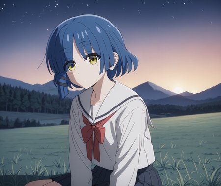 score_9, score_8_up, score_7_up, highres, hi res, best quality, masterpiece, 2d, intricate details, 4k, anime coloring, shadow, uncensored,
1girl, solo, female, short hair, blue hair, yellow eyes, mole, mole under eye, expressionless, eyes visible through hair,
school uniform, serafuku, sailor collar, sailor fuku, pleated skirt, necktie, red bow, red necktie,
sitting, leaning forward, cowboy shot, head tilt, looking up, looking at another,
outdoors, on grass, field, depth of field, mountain, horizon, outdoors, forest, field, night, sky, night sky, star \(sky\), starry sky, yamada ryo, yamada ryou, <lora:Ryou_Yamada_1024_Pony:1>, bocchi the rock!,
