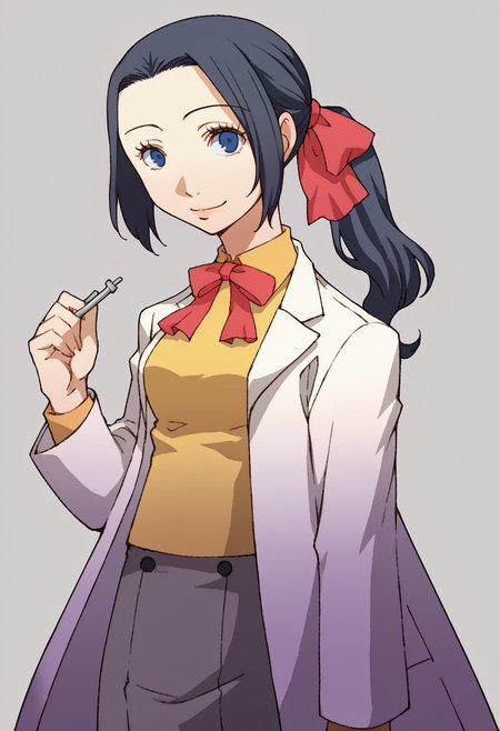 score_9, score_8_up, score_7_up, source_anime, BREAK, solo, 1girl, smile, looking at viewer,  <lora:Mari-pdxl_Fp:1>, maridesu, black hair, blue eyes, ponytail, hair ribbon, collared shirt, yellow shirt, ribbon, lab coat, grey skirt,  <lora:P3-Portraits-pdxl_Fp:1>, simple background, long hair,