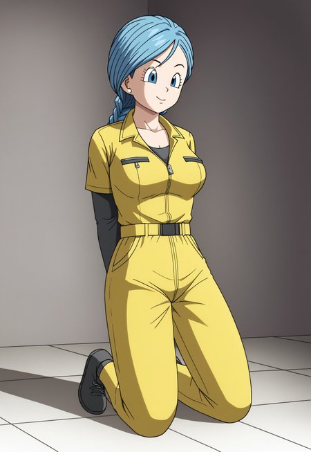 safe_pos, 
score_9, score_8_up, masterpiece, stunning realistic, best quality, sharpness, easynegative, ng_deepnegative_v1_75t, negative_hand,perfect hands,perfect fingers,1 girl,large breasts,yellow jumpsuit, black undershirt, short over long sleeves, layered sleeves ,bulma,(braided hair:1),(very long hair:1),, blue eyes, blue hair,kneeling,(arms behind back;1)