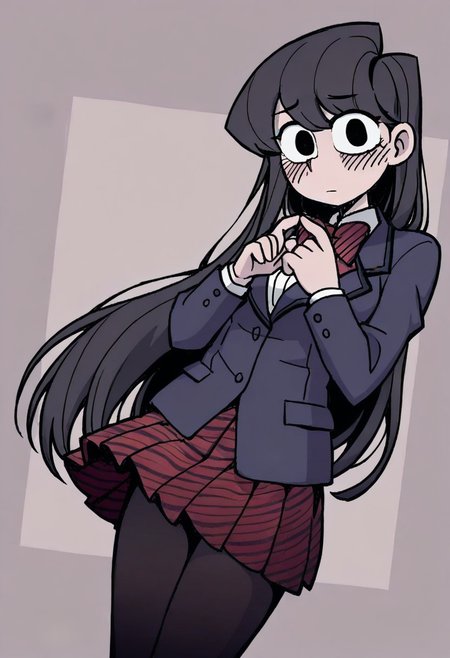 Masterpiece, best quality, aesthetic, high resolution, 1girl, solo, female, komi_shouko, black eyes, black hair, long hair, school uniform, red bowtie, blue jacket, blazer, long sleeves, striped, pleated skirt, red skirt, black pantyhose, looking at viewer, index fingers together, shy, blush, 
Vanripper