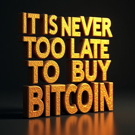 Movie poster, large 3D text, the text says "It is never too late to buy Bitcoin"