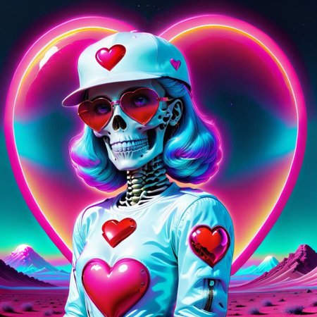 <lora:NeonHeartv4:0.8> Neon Heart,  <lora:SkeletoNaut-000009:1> SkeletoNaut Vaporwave Fitted Cap,  Tons of Jewelry Astral Aura, bling