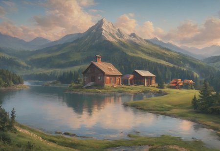 A frozen tundra with a cabin on a lake, romantic impressionism, dream scenery art, beautiful oil matte painting, romantic, beautiful digital painting, anime landscape, romantic painting, dreamlike digital painting, colorful painting, thick brushstrokes characteristic, rough stroke,  beautiful gorgeous digital art, style Karol Bok, Brian Froud, Wendy Froud, Guy Davis, Sergio Sandoval