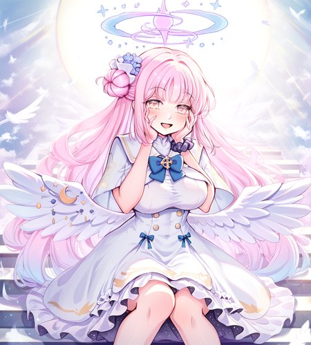 <lora:Mihan:1.3>,1girl, mika \(blue archive\), huge breasts, wide hips, blue archive, :d, angel wings, arm support, backlighting, blunt bangs, brown eyes, capelet, dress, feathered wings, flower, frilled dress, frills, hair bun, hair flower, hair ornament, hair scrunchie, halo, hands on own cheeks, hands on own face, knees together feet apart, long hair, looking at viewer, pink hair, school uniform, scrunchie, sidelocks, single side bun, sitting, sitting on stairs, smile, solo, stairs, turtleneck dress, white capelet, white dress, white wings, wings, 
very awa, masterpiece, best quality, highres, absurdes,amazing quality,very aesthetic,intricate details, <lora:hand 5.5:1>