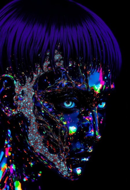 ((aidmaimageupgrader, aidmaMJ6.1, ne0nfant4sy)) A hyper-realistic, face close-up portrait of a woman with very short deep violet hair, side-trimmed and expertly faded. She faces the viewer with an expression of strength and mystery, her eyes half-closed in a futuristic, serene gaze. The left side of her face is fused with a sleek obsidian-black mold, seamlessly integrated into her skin, partially covering her left eye. It has over 10,000 razor-thin iridescent lines extending outward in rigid formations, resembling molten silk strands. The polished surface reflects neon-green and electric-cyan light, adding a surreal glow.  
Tiny crystalline flecks shimmer within the mold, enhancing its futuristic essence. Some sections appear semi-liquid, with metallic drips flowing in dynamic patterns, merging technology and organic form. Holographic projections trace the mold’s edges, emitting pulsating ultraviolet symbols and shifting geometric shapes. The top of her head is visible, emphasizing the intricate details, while the rest remains out of frame, focusing entirely on her surreal fusion of human and machine.