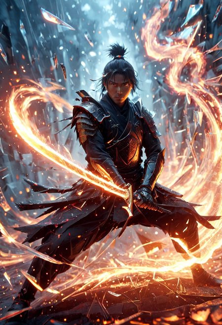 1man, Samurai, Incoming sword, broken glass, reflection, slash, shatter, fire element, holding sword, glowing sword, motion blur, emphasis line, outdoor in the darkness, looking viewer, text, "Z",