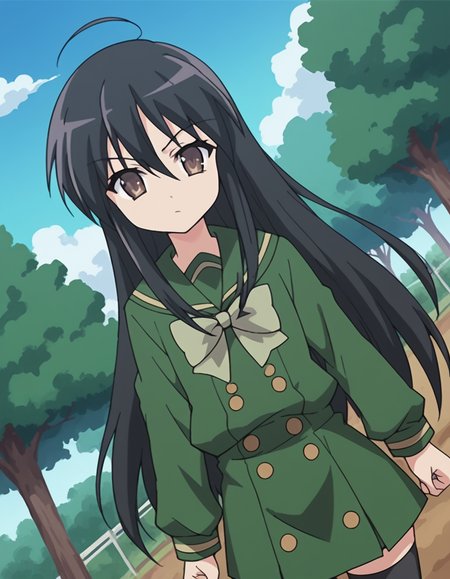 score_9, score_8_up, score_7_up, source_anime, <lora:shakugan-no-shana-s1-ponyxl-lora-nochekaiser:1>, shana, long hair, black hair, brown eyes, ahoge, sidelocks,, school uniform, serafuku, green serafuku, bowtie, green bowtie, green shirt, green sailor collar, long sleeves, green skirt, buttons, thighhighs,, bike ride, countryside, dirt road, trees, afternoon sun, peaceful, alone, , v, v over eyes,, looking at viewer, solo,, dutch angle, cowboy shot