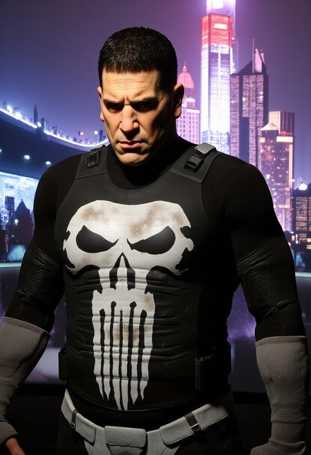 high angle camera view from above and at a distance, realism, perfection style, bosstyle, skin texture style, Photo Quality Frank Castle Male Face with a stubbled Black beard, Caucasion Skin, Chort Black Military style haircut, detailed, facial expression style, High details face, High detailed Eyes, Full Body view, The Punisher Battle Worn White dirty Skull Motif painted on the chest of his Man in Gothic armour, futuristic, Jet Black with Black Trim Exosuit, Heavy Mech, Dynamic Aggressive Combat Pose, Exosuit, Extremely Low V cut top, Power Armor, futuristic, Tactical Futuristic Samurai Sword, Perfect hand, Fighting a Dragon, Heavy Mech, Armor Color Jet Black with Black Trim and a dirty white Skull Motif painted on the chest, Robot, Full body, Ready to strike, futuristic, (off-center composition, left aligned, Portrait),  Detailed hand, battle-worn, Gothic Neon Cyberpunk Night City Cityscape Background, cinematic film still glamorous photo dark art by Rafael Zabaleta, expressionism art by Asger Jorn, vibrant, Abstract expressionism, experimental painting techniques, bold bright colors, dynamic compositions, Expressionism, emotive brushwork, brilliant tones, dramatic lighting, introspective themes. high fashion, luxurious, extravagant, stylish, sensual, opulent, elegance, stunning beauty, professional, high contrast, detailed. shallow depth of field, vignette, highly detailed, high budget, bokeh, cinemascope, moody, epic, gorgeous, film grain, grainy