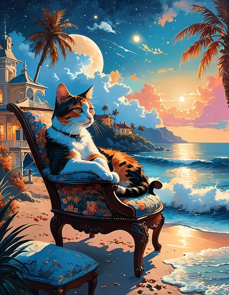 A captivating night scene illustration featuring an elegant victorian villa in front of the beach, intricate architecture and rich history.
A calico Cat is sleeping on a padded chair, dimly lit, deep shadows, the beach in the background with palm trees, ocean waves, moonlit sea waters, starry night with milky way visible,  The full moon graces the sky, casting an ethereal glow on the clouds and sea, while wispy clouds partially obscure its brilliance, adding to the scene's mystique. Twinkling stars dot the sky, creating a celestial tapestry that harmonizes with the moon's radiance. 
cinematic experience., illustration, cinematic, dreamlike atmosphere, soft lighting, ethereal, whimsical, vibrant colors, peaceful setting,
[romantic impressionism,dream scenery art,beautiful oil matte painting,romantic,style of thomas kinkade,beautiful digital painting,anime landscape,romantic painting,dreamlike digital painting,colorful painting,beautiful gorgeous digital art,style of greg rutkowski,janek sedlar,] 
<lora:_xSTYL_Sinozick_Style_XL_Pony:1>, <lora:MJ52:0.75> 
<lora:_xTONI_DonMP41n717Bl4ckXL-pony-000006:.6>