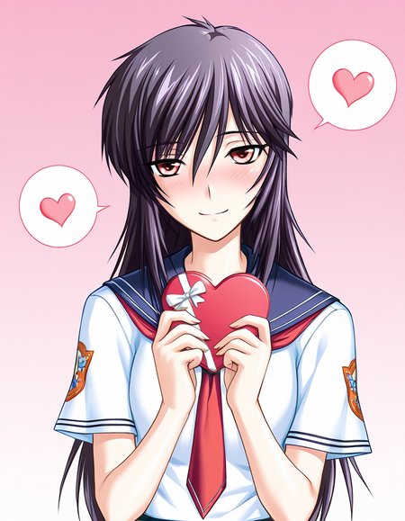 masterpiece, best quality, amazing quality, absurdres, official art, ultra detailed, 
1girl, solo, yashi_nagomi, long hair, purple hair, red eyes, BREAK
school uniform, serafuku, skirt, pantyhose, lovestruck, shy smile, blush, head tilt, looking at viewer, spoken heart, standing, holding heart gift, gradient background, pink background, front view, upper body, highly detailed, best hands <lora:Yashi Nagomi v1.0-000013:1>