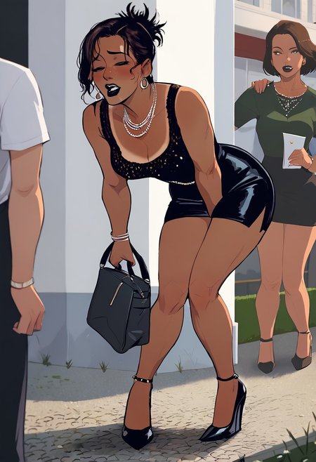 score_9, score_8_up, milf, 2 lesbians on a date, touching her girfriend belly, desperate, on a crowded street, standing in queue to porta-potty, desperation, crossed legs, bent over, holding crotch , toned female, messy ponytail, side locks,multiple women,  bag on shoulder,tight clothing, black short dress, high heels, multiple necklace, horny facial expression,(source_anime:0.4), (tan skin:1.3), dark lipstick