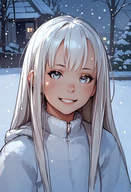 score_9, score_8_up, score_7_up, zPDXL, jeffmacanolistyle, 1girl, long hair, white hair, bangs, rede eyes, smiling, snowing, looking at viewer, colored sketch
 <lora:JeffMacanoli_Style_PDXL:0.90>