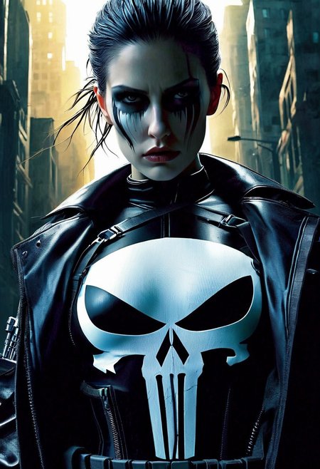 A hyper-realistic depiction of a lone girl's upper body, clad in a dark, gritty Punisher outfit, complete with a stark white skull emblem on her chest, set against a muted, urban backdrop with bold, cinematic lighting, intense shadows, and a futuristic, high-contrast color palette, shot from a slight low-angle perspective with a wide-aperture lens, emphasizing her determined gaze and rugged attire, in the style of a detailed digital painting with subtle texture and depth.