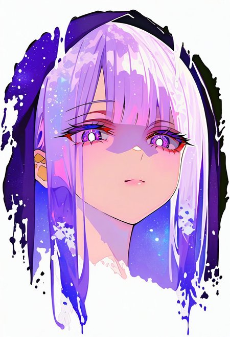 masterpiece,best quality,absurdres, amazing quality, hi res, masterpiece, best quality, detailed, amazing quality, detailed face, detailed eyes, clean eyes, best quality, highres, very aesthetic, newest, ultra-detailed, illustration, (best quality:1.1),ultra-detailed, high resolution, super detailed skin, beautiful detailed eyes, nsfw, Brightly Lit, Highly Visible, 8k, sharp focus, beautiful, perfect lighting, beautiful eyes, anatomically correct, anatomically correct face, extremely detailed eyes, smooth edges, beautiful face, symmetrical eyes, symmetrical face, BREAK 748cmstyle, newest, (colorful:0.5), (lineart:0.8), (silhouette:0.4), StainedArt_IL, paint splatter, Spill Art, coffee spill art, 1girl, purple hair, purple eyes, veil, looking at viewer, portrait, blunt bangs, sidelocks, white background, expressionless, long hair, closed mouth, bright pupils, white pupils, simple background, liquid hair