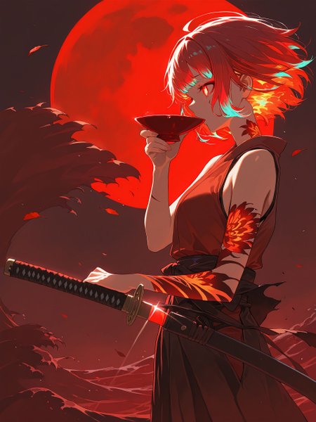 <lora:nai_ILL:0.8>,
<lora:Glowing_Spot_Color_-_Illustrious:0.6>, glowing eyes, streaked hair, glowing inner hair, glowing streaks,
red moon (medium),{{{close-up}}}, 1girl,{{hand on hilt}}, {{solo}},katana,{{alcohol,holding sakazuki,drinking}}, glint,short hair, arm tattoo, {{unsheathing}}, sleeveless, bare shoulders, wind, leaf, chrysanthemum,cherry blossoms, from side, cowboy shot,horror (theme),waves (medium),  broken (medium),