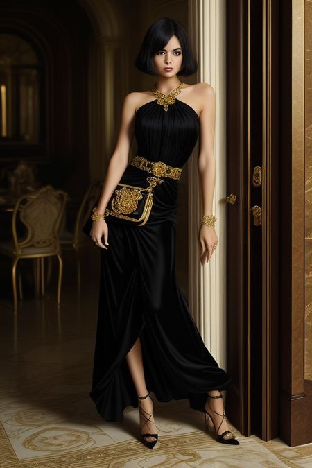 masterpiece,best quality,ultra_detailed, bellissima, 1girl , smile, versace style, haircut style long bob, evening dress, silk stockings, high heels, shoulder bag, by Ellen von Unwerth