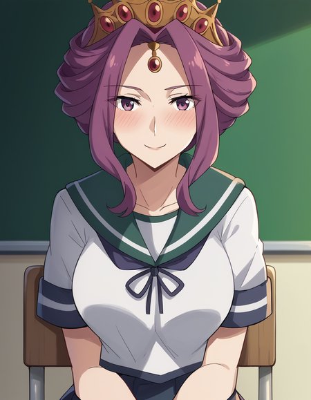 score_9, score_8_up, score_7_up, source_anime, <lora:mirelia-q-melromarc-s1s2s3-ponyxl-lora-nochekaiser:1>, mirelia q melromarc, purple hair, purple eyes, large breasts,, <lora:kancolle-fubuki-cosplay-ponyxl-lora-nochekaiser:1>, kancolle fubuki cosplay, fubuki (kancolle) (cosplay), blue skirt, cosplay, pleated skirt, sailor collar, school uniform, serafuku, neckerchief, ribbon,, indoors, smile, blush, sitting, classroom,, cowboy shot, looking at viewer,, , dutch angle, cowboy shot