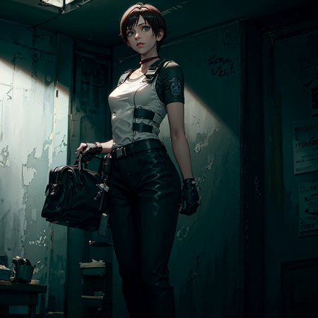 <lora:rebeccaChambers_v20:1>, (rebecca_chambers), (re1costume), ((masterpiece)), (((best quality))), ((ultra-detailed)), ((illustration)), 1girl, (solo),  looking at viewer, Indoors, black gloves, night, hands behind head,