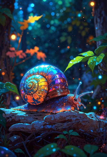 A tiny alien snail, its shell made of prismatic, ever-shifting crystal that reflects the light in dazzling colors. Its antennae have tiny glowing orbs at the tips, and its slimy, semi-transparent body leaves behind a faint glowing trail. It tilts its head curiously, examining the person holding it. The background is an alien garden filled with softly glowing plants and bokeh light specks floating like fireflies.