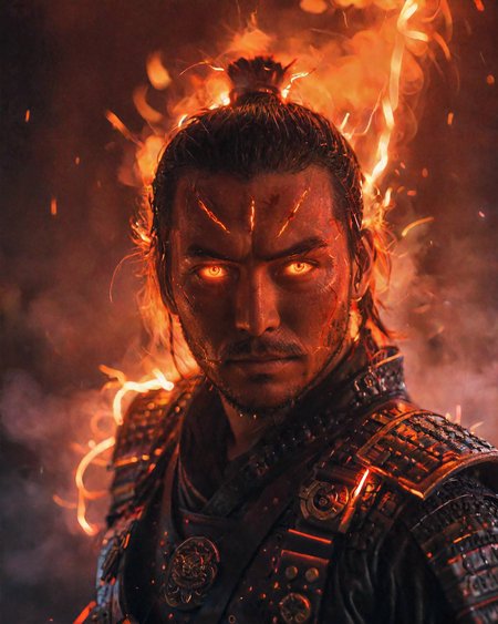 glowneon, glowing samurai emitting sparks and electricity, dark red and orange, glowing eyes, cinematic film still <lora:glowneon_xl_v1:1> <lora:add-detail-xl:0.8>