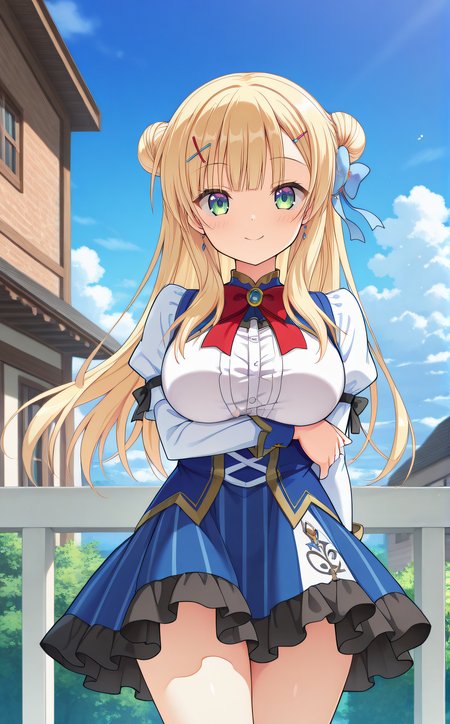 masterpiece, best quality, highres, scenery, newest, 1girl, solo, official style, <lora:IL_Sylvia_le_Cruzcrown:1>, sylvia, blonde hair, green eyes, long hair, double bun, odango hair, hairclip, single_blue_hair_ribbon, large breasts, red_bowtie, juliet sleeves, white long sleeves, blue skirt, black frills, thighs, looking at viewer, smile, outdoor, cowboy shot, blue sky, clouds, breast hold