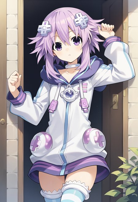 nepnep, Nephoodie, short hair, hair ornament, thighhighs, purple eyes, jacket, purple hair, choker, striped, hood, hoodie, striped thighhighs, d-pad, d-pad hair ornament, neptune \(neptune series\),  <lora:Doom PonyXL Neptune:1>, looking at viewer, score_9, score_8_up, score_7_up, score_6_up, score_5_up, score_4_up , anime coloring ,BREAK source_anime, anime