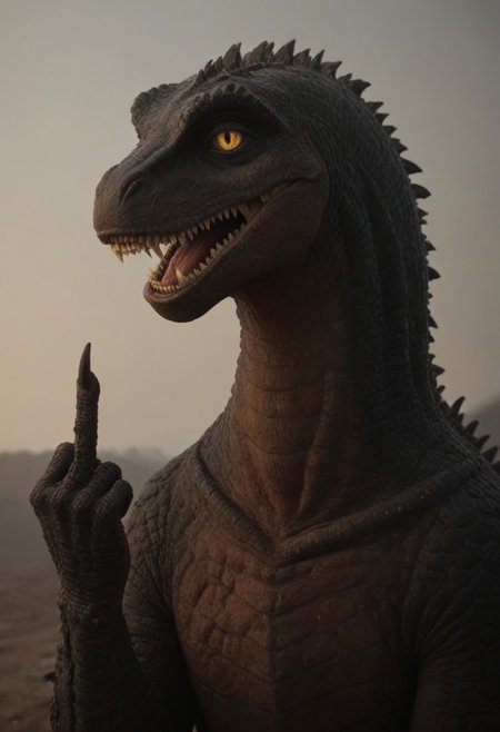 zPDXL3, score_9, score_8_up, score_7_up, source_cartoon, 1girl, solo, curvy, idiot face, giant dinosaur reptillian Godzilla, teeth, smile, open smile, smug, happy, double middle finger, 4k, ultra detailed, evil smile, Sinister_Smile, shadow on the face, Yellow_Teeth, Macabre, Terror, Menacing_Smile, Disturbing_Expression, Grotesque_Style, Painting, Intense_Colors, Dark_Contrast, spines, feral, realistic scales, detailed scale texture, solo, outdoors, solo, headshot, solo, extremely detailed, Macro detailed realism style photograph, 3DMM, creature, scales, textured skin, sharp teeth, claws, tail, spikes, back spikes, yellow eyes, digitigrade, five fingers,