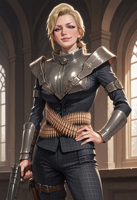 masterpiece, best quality, detailed, realistic, cowboy shot, smug, 1girl, solo, magsfo, blonde hair, low ponytail, lips, breastplate, pauldrons, armlets, single vambrace, black checkered suit, ammunition belt, thigh holster, hand on hip, holding gun,