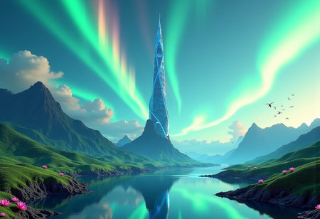 Planet Xylophia-IV, a stunning celestial body known for its breathtaking landscapes, making it an attractive destination for human colonization and terraforming efforts in the late 22nd century.
Soft, serene sky with blues gradating into vibrant, electric turquoise towards the horizon; delicate, swirling patterns of iridescent green and gold dance across the upper atmosphere.
A tranquil, crystal-clear lake reflects the aurora's ethereal dance, its surface dotted with lotus-like, bioluminescent flora that pulse in harmony with the planet's natural energy; undulating, emerald-green hills rise gently, covered in a lush, alien vegetation that shimmers with a subtle, rainbow hue; the rugged, sapphire-blue mountain range stretches across the horizon, its peaks hiding ancient, alien ruins and mysterious energy sources.
The center object is a majestic, spiral-shaped skyscraper, that pierces the sky, its surface adorned with a latticework of neon-lit futuristic accents; the spire serves as New Eden's heart, housing the colony's administration, a renowned intergalactic research center, and a luxurious, zero-gravity hotel.
As the dual suns dip below the horizon, New Eden transforms with a warm, golden lighting scheme, accentuating the futuristic elements and casting a magical glow across the landscape.
Panoramic shot from a elevated vantage point, capturing the entirety of New Eden, the lake, and the majestic distant mountain ridge.
Hd, uhd, ultra-detailed, high resolution, 4k.