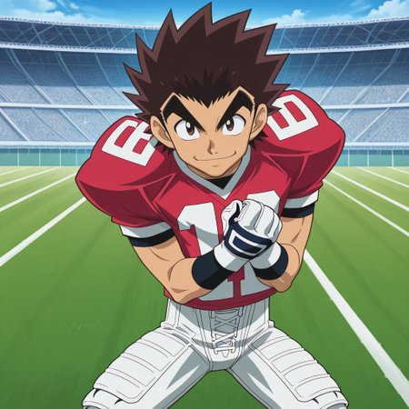 official art, male, High Quality, perfect anatomy, HD, anime style, break
TAROU RAIMON, 1boy, alone, brown hair,  thick eyebrows, dark brown eyes, athletic build, smiling, posing, looking at viewer, football uniform, tight uniform, red and white uniform, football field, squating,